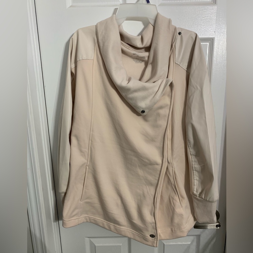 TAHARI Sport Wrap Sweater Jacket with with faux leather lining on sleeves.